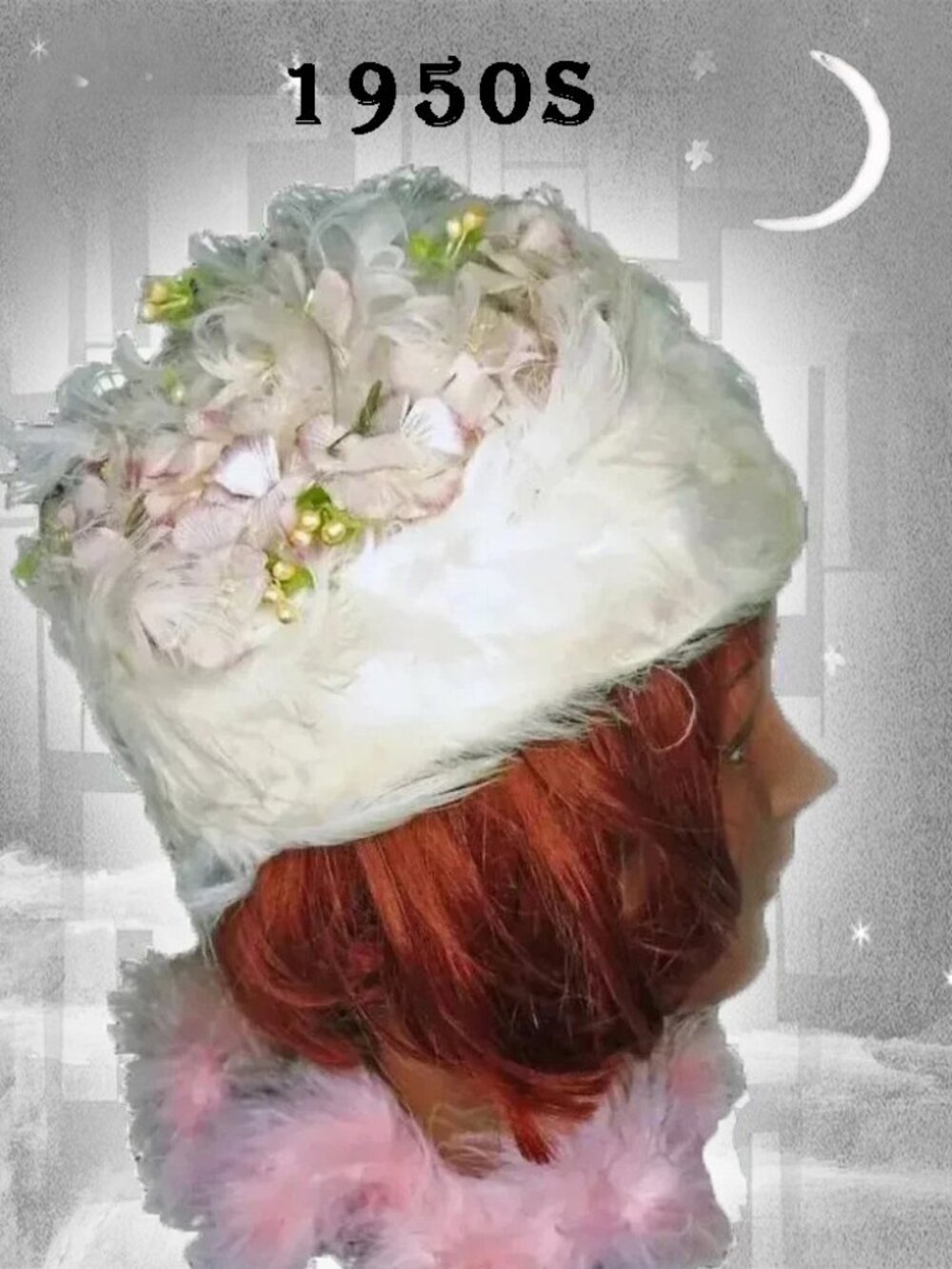 Vintage White Feather Hat, Pink Flowers + Hat Box! Avant Garde 50s Editorial